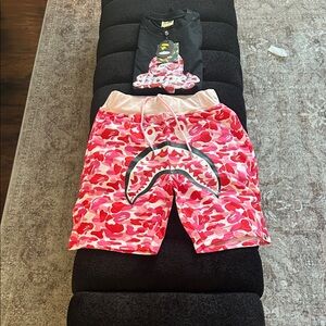 Bape Red Camo Shark Shorts and Black Graphic Tee